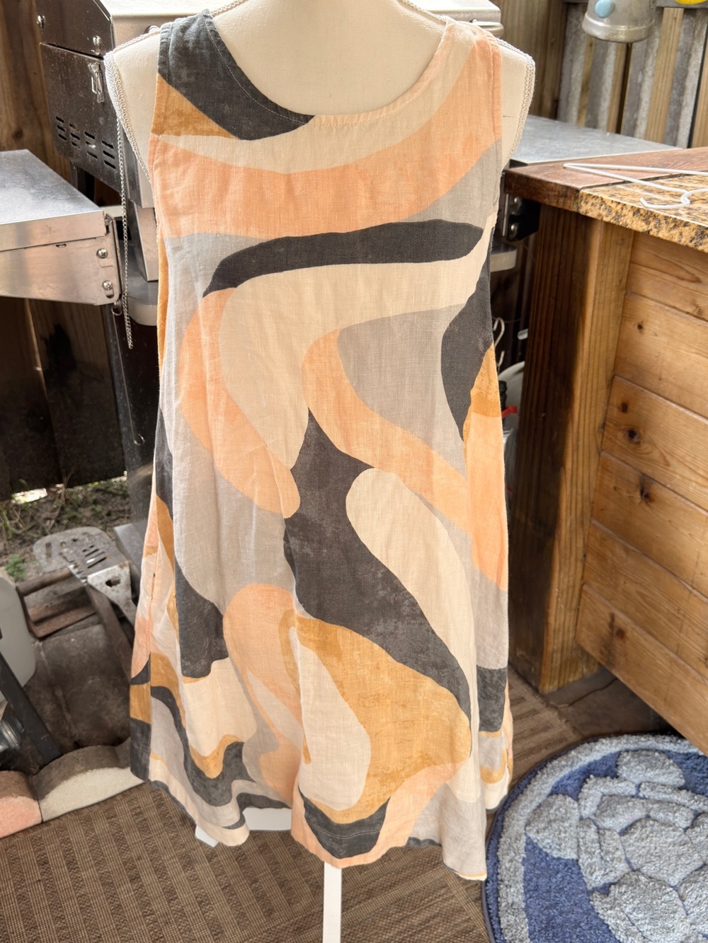 Rachel Zoe Sleeveless Abstract Print Linen Dress in Peach, Gray & Cream